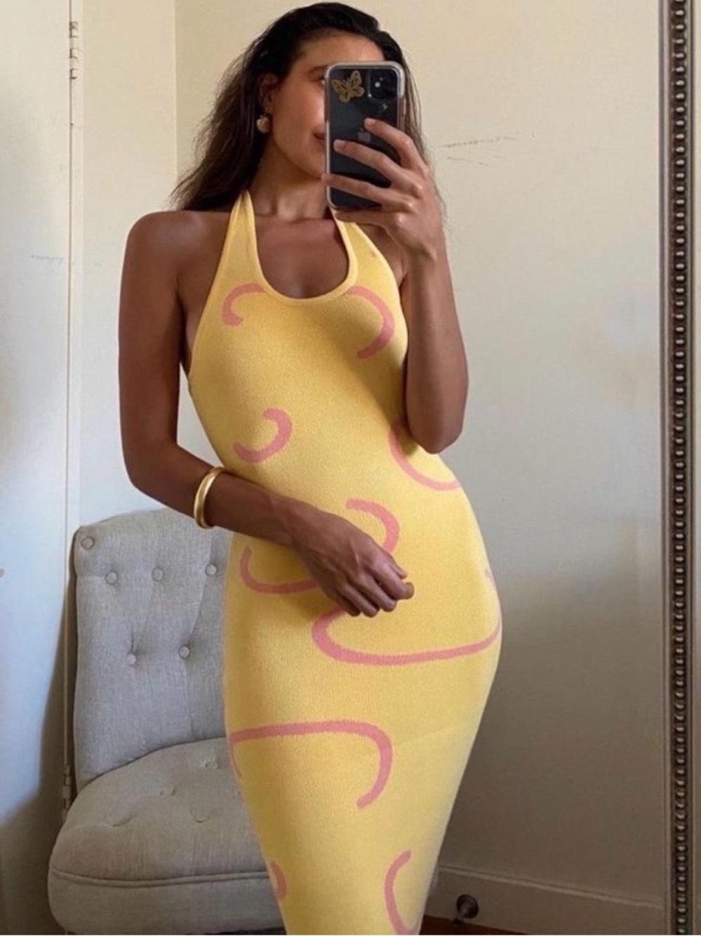 VRG GRL Yellow Halter Bodycon Dress with Pink Abstract Accents